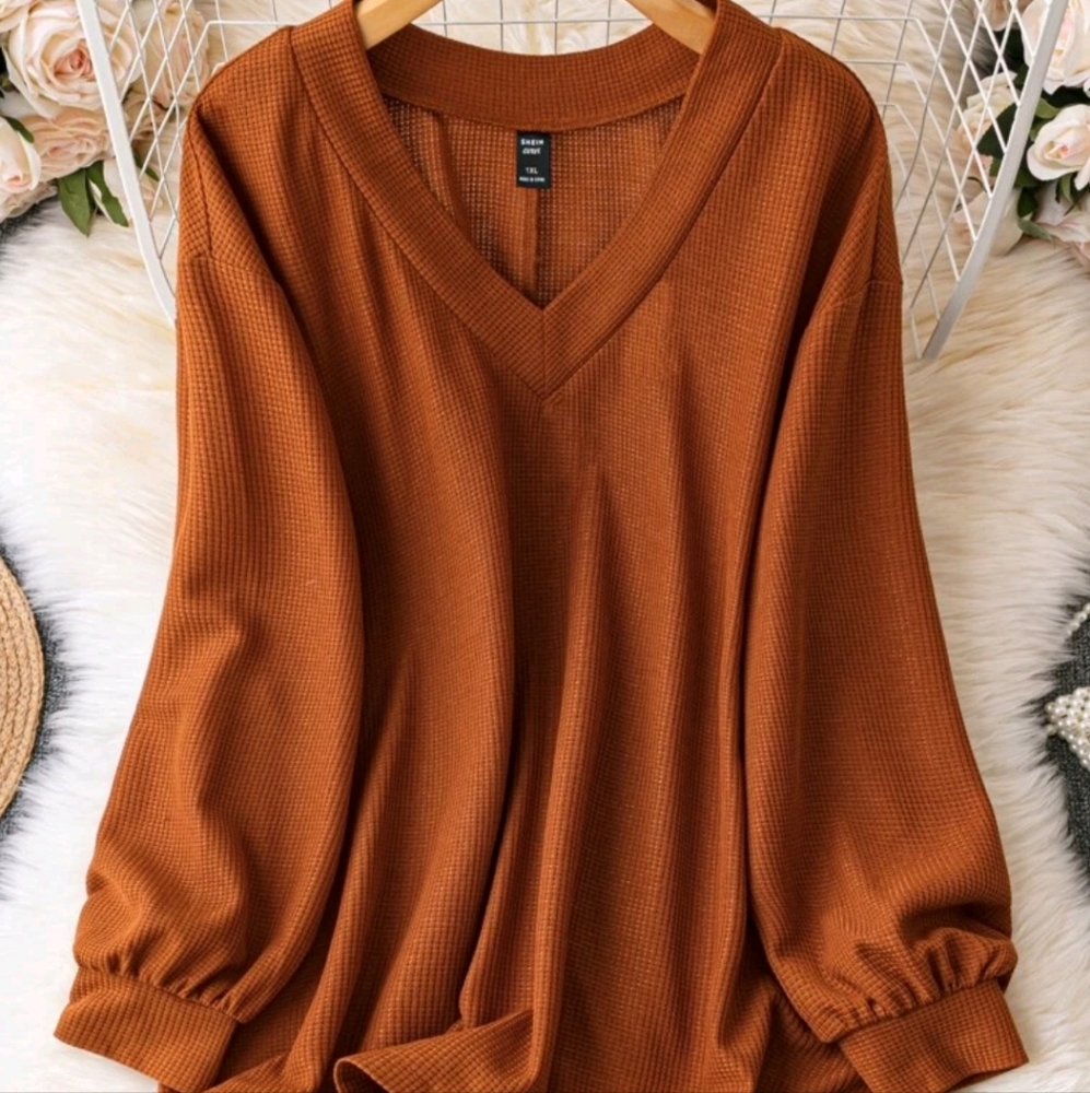 SHEIN LUNE Plus Solid V Neck Bishop Sleeve Tee